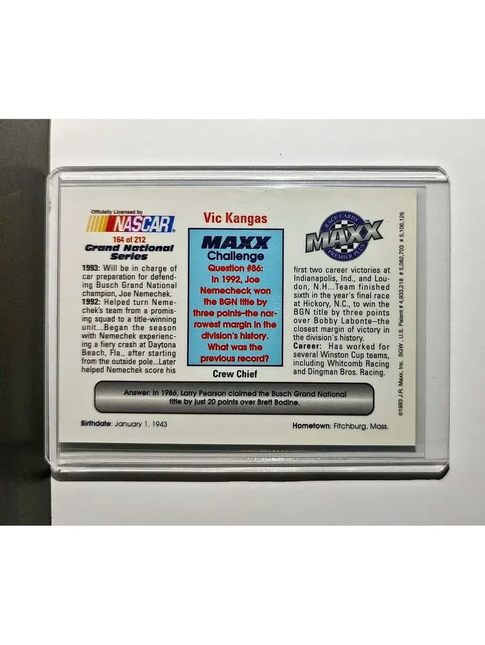 Vic Kangas 1993 Maxx Premier Plus Racing #164 NASCAR Card NEMCO Motorsports